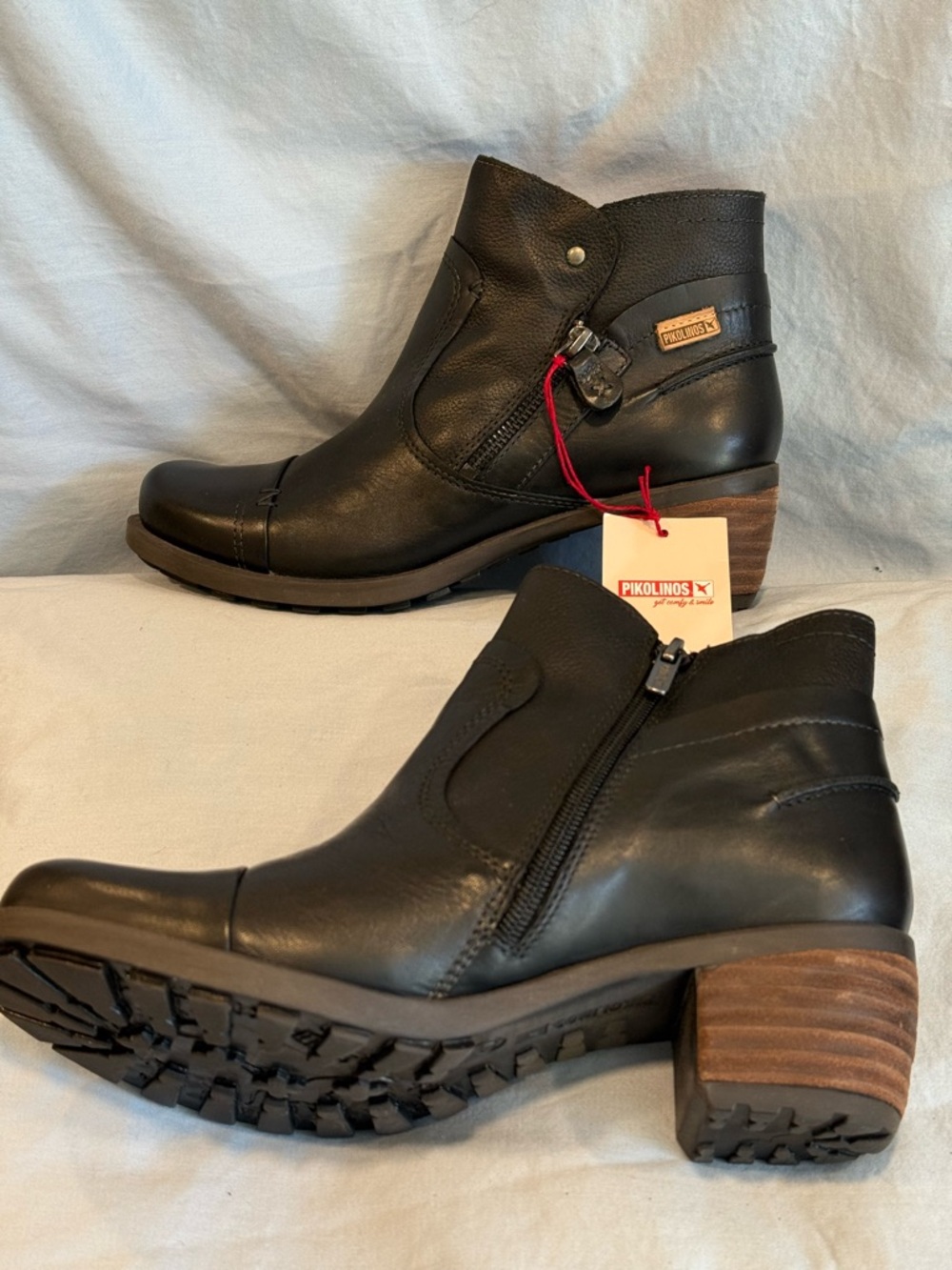 PIKOLINOS Black Leather Ankle Boots with Stacked Brown Heel - Picture 3 of 5